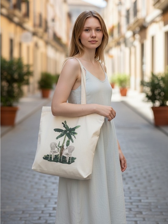 Boricua Seguimo Aquí Handbags - Puerto Rico Canvas Tote Bag with Palm Tree & Chairs Graphic - Cream NWT